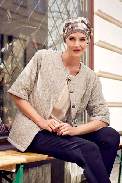 Isolde Hat - Knitted, Beige Grey Silver stripe